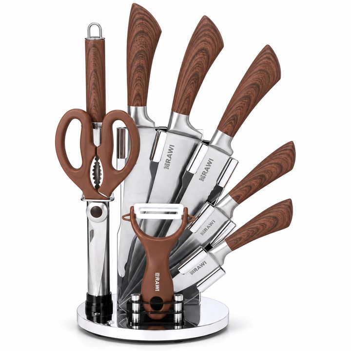 Set cutite de bucatarie, 9 piese, suport rotativ 360°, 5 cutite, foarfeca, decojitor si ascutitor, manere cu aspect de lemn