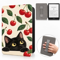 Husa Flip pentru Kindle 2024 / Kindle 2022 11th Generation, YUXUNITE®, slim ultra-light functie sleep/wake-up inchidere magnetica, Pisica si Cirese