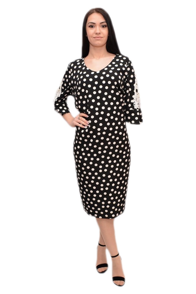 Rochie eleganta cu decolteu in V si buline , D&J Exclusive, Negru-Alb