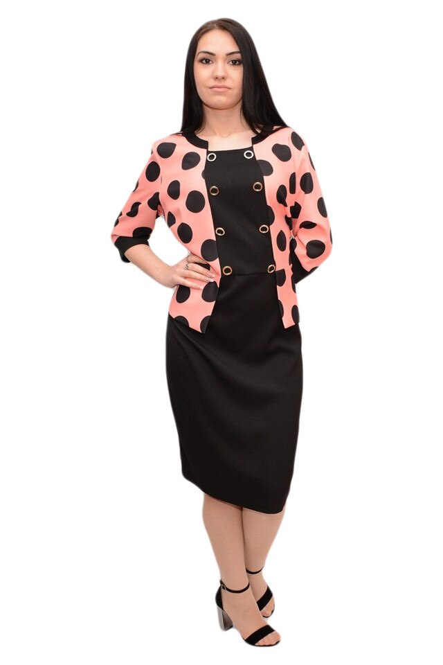 Rochie cu design de peplum in talie si buline , D&J Exclusive, Negru-corai