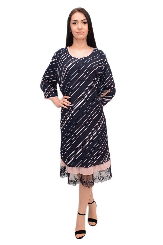 Rochie din voal, cu imprimeu de dungi oblice , D&J Exclusive, Bleumarin