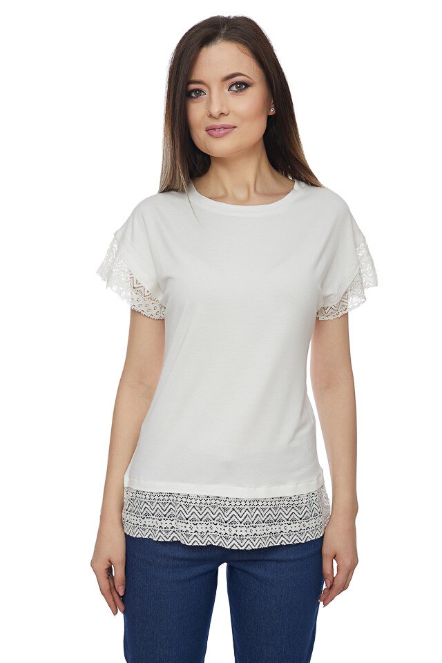 Bluza din jerse cu terminatii din dantela alb, Alb