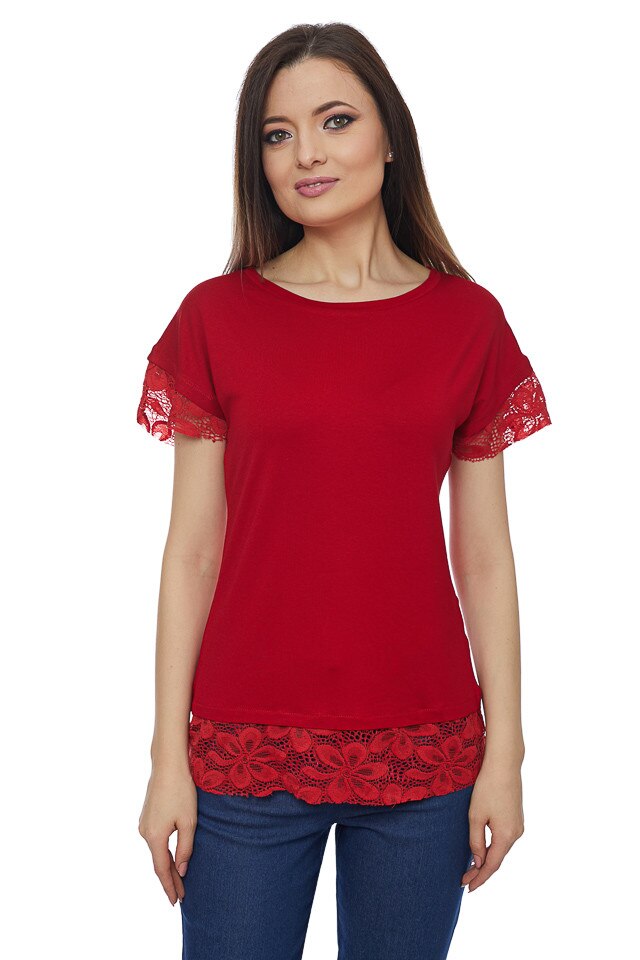 Bluza din jerse cu terminatii din dantela rosu, Rosu