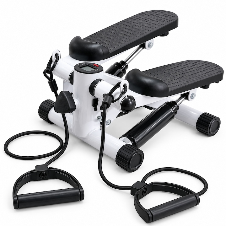 Mini stepper hidraulic ARVADA® Fit, benzi elastice, afisaj LCD, pedale antiderapante, saltea de protectie, cadru metalic, maximum 120 kg, alb/negru