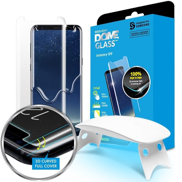 Folie de protectie WhiteStone Dome Glass pentru Samsung Galaxy S9, Sticla securizata, Margini curbate, Transparenta
