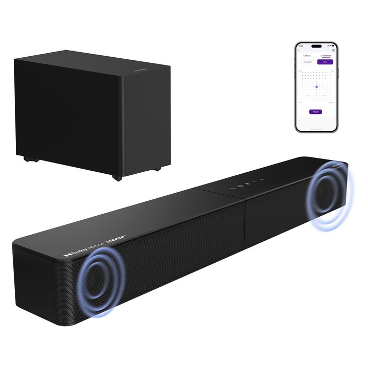 Soundbar 2.1 Corenia QRE-5006133, Dolby Atmos, subwoofer wireless, 240 W, HDMI eARC, Bluetooth 6.0, negru, 60 cm