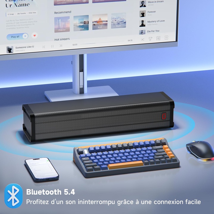 Soundbar Corenia QRE-5006126, 100 W, Bluetooth 5.4, HDMI ARC, optic, AUX, USB, 2.0 canale, ABS, negru, 40 x 6,2 x 8 cm