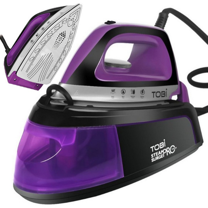 Statie de calcat cu abur TOBI SteamPro Superior, 2400 W, talpa ceramica, abur vertical, sistem Anti-Calc si Drip-Stop, Mov/Negru