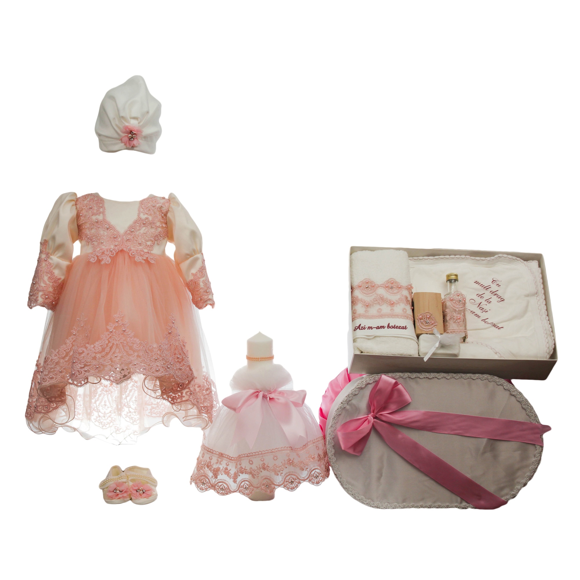 Set botez patru piese, model Elegance, culoare roz, varsta 0-3 luni