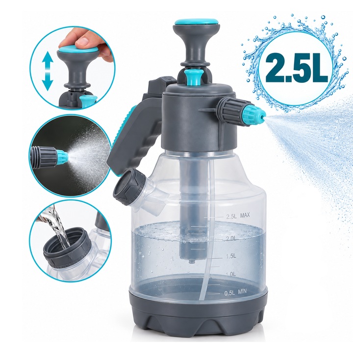 Pulverizator Manual cu Pompa 2, 5 L si Dozator Gradat, Recipient cu Presiune, Pulverizare Reglabila, pentru Gradina si Curatenie, gri, HAPPY JOKER®