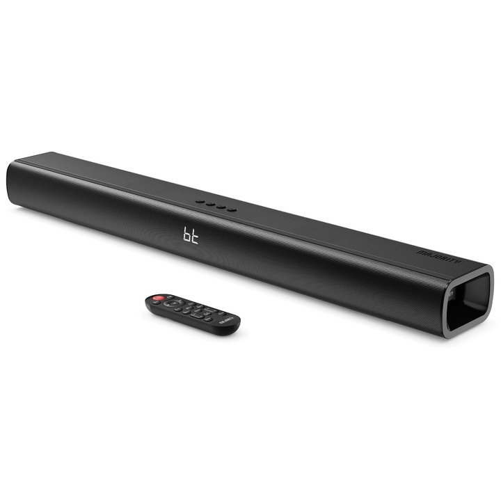 Soundbar Corenia QRE-5007390, 140W 2.2 canale cu doua subwoofere integrate, Bluetooth, HDMI ARC, AUX, optic, USB, montaj pe perete, negru, 81 cm