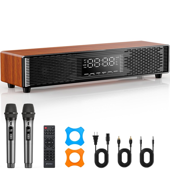 Soundbar Corenia QRE-5007380, 100 W, Bluetooth 5.4, HDMI ARC, intrare optica/AUX/USB, subwoofer integrat, functie karaoke, display LED, telecomanda, maro lemn, 20 x 12 x 20 cm