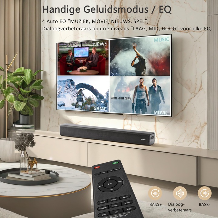 Soundbar Corenia QRE-5006121 2.1 canale, subwoofer integrat, 60 W RMS (120 W varf), Bluetooth 5.3, HDMI ARC, optic, AUX, 4 moduri EQ, imbunatatire dialog 3 niveluri, 58,6 cm, negru