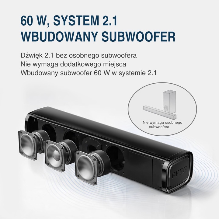 Soundbar Corenia QRE-5006118 2.1, 60 W RMS cu subwoofer integrat, Bluetooth 5.4, AUX, optic, USB, negru, 40,4 cm