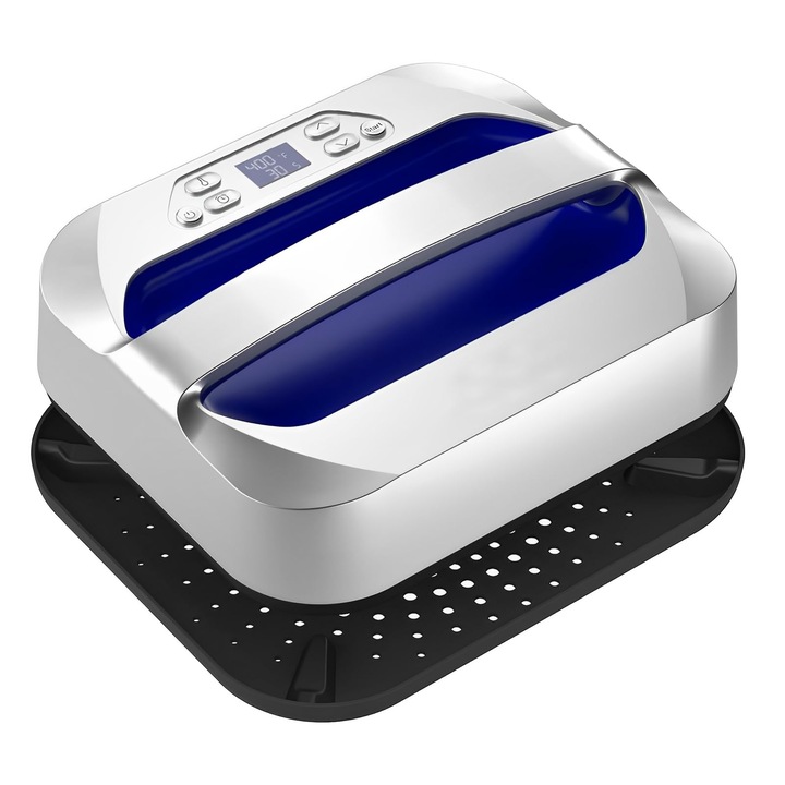 Presa termica pentru transfer Corenia QRE-5008204, placa ceramica 30 × 25 cm, temperatura 85–205 °C, afisaj LCD si timer cu semnal sonor, include covoras termorezistent 30 × 30 cm, albastru