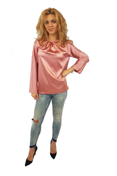 Bluza casual din satin, cu pliuri, Adelina Teodora, Roz, S-M