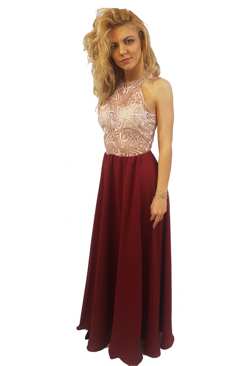 Rochie eleganta Adelina Teodora, bust din dantela roz si fusta din voal visiniu, 36 EU