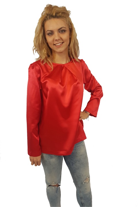 Bluza casual din satin, cu pliuri, Adelina Teodora, Rosu, S-M