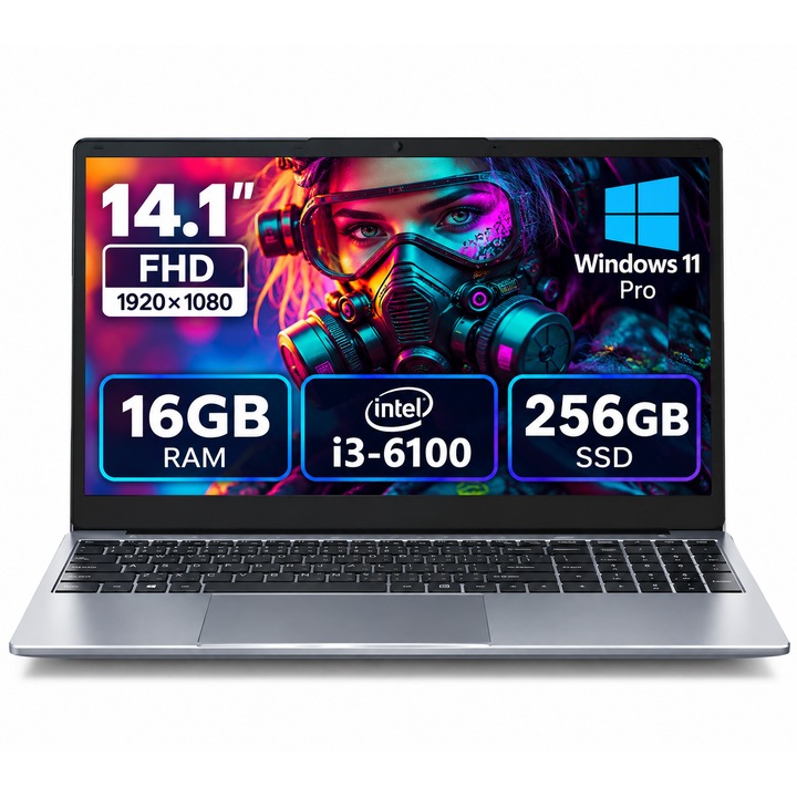 Laptop 14.1” Full HD, Intel Core i3-6100U, 16GB RAM DDR3, SSD 256GB, Intel HD Graphics, Windows 11 Pro, 1920x1080, Gri