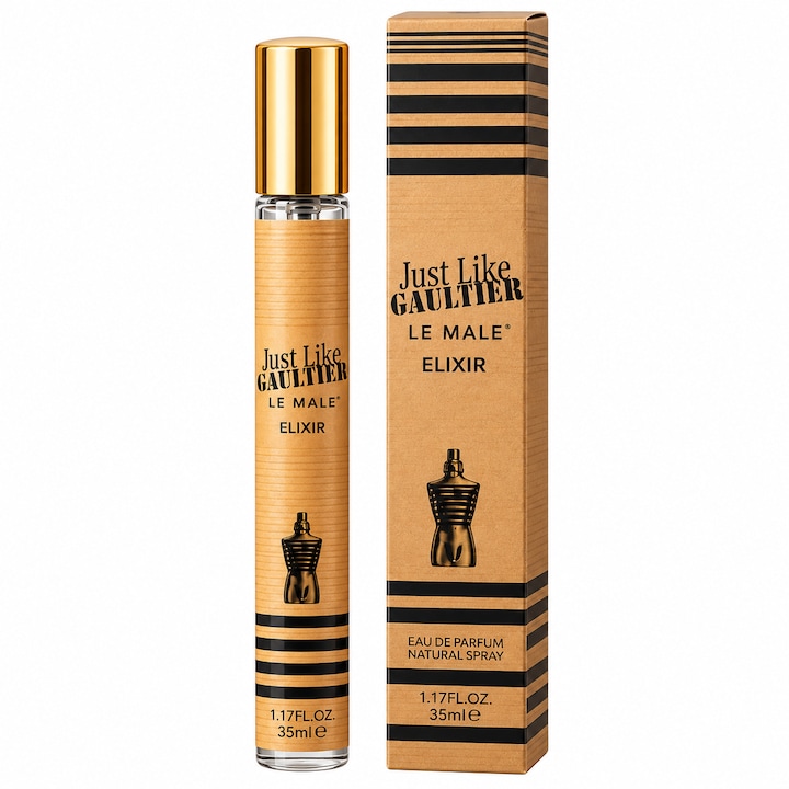 Parfum pentru barbati Just Like Gaultier Le Male Elixir V.V. Love, Apa de Parfum, 35 ml, aroma vanilata dulce ambrata, lavanda, menta, vanilie, rasina benzoica, miere, boabe de tonka si tutun