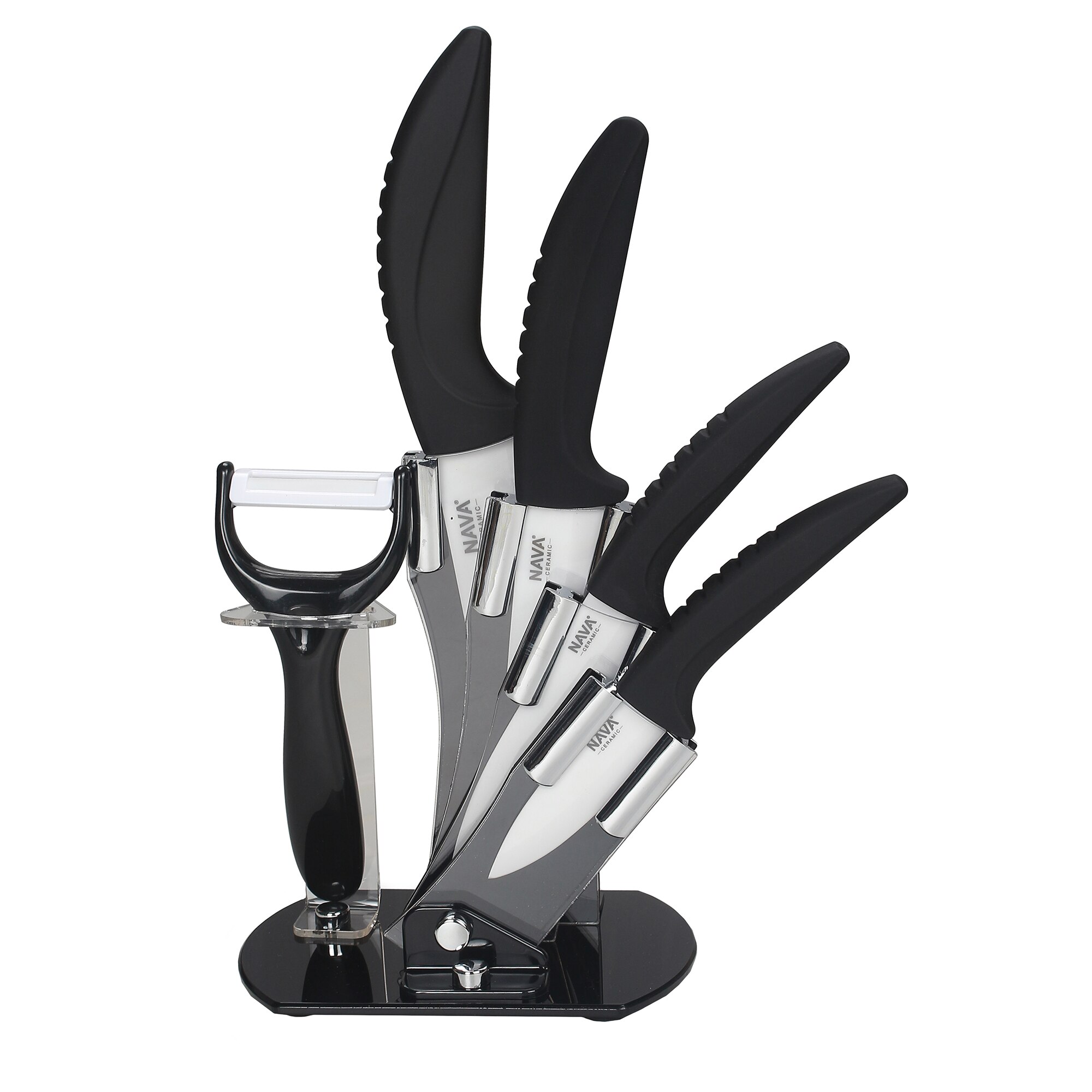 Set 4 cutite + peeler Nava, invelis ceramic cu suport acrilic, Negru