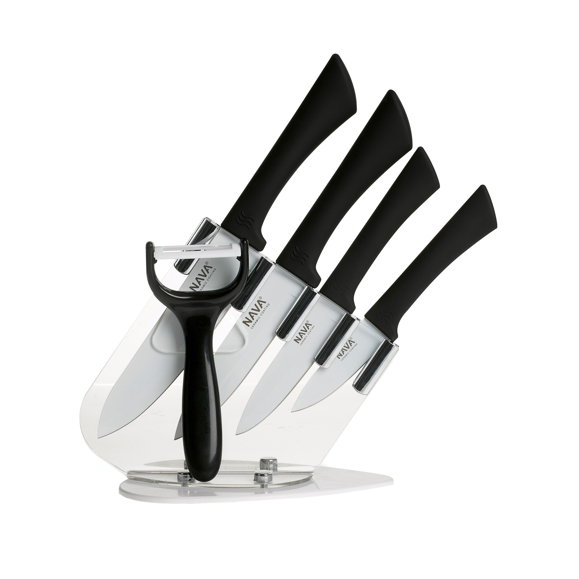 Set 4 cutite + peeler Nava, invelis ceramic cu suport acrilic, otel inoxidabil