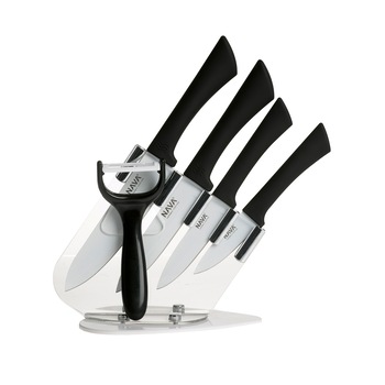 Set 4 cutite + peeler Nava, invelis ceramic cu suport acrilic, otel inoxidabil Set 4 cutite + peeler Nava, invelis ceramic cu suport acrilic, otel inoxidabil