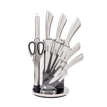 Set 5 cutite + ascutitor + foarfeca Nava, otel inoxidabil cu suport acrilic Set 5 cutite + ascutitor + foarfeca Nava, otel inoxidabil cu suport acrilic