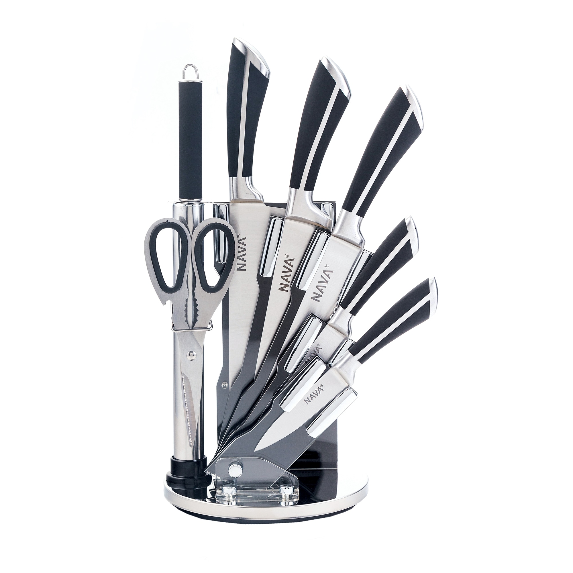 Set 5 cutite + ascutitor + foarfeca Nava, otel inoxidabil cu suport acrilic, Negru