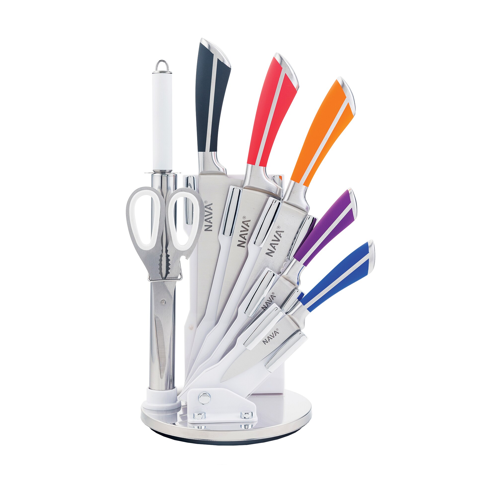 Set 5 cutite + ascutitor + foarfeca Nava, otel inoxidabil cu suport acrilic, Colorate