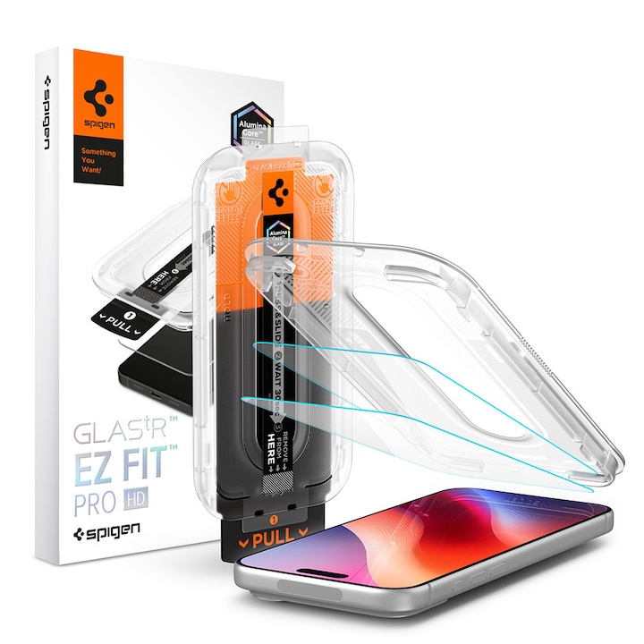 Set 2xFolie Sticla pentru Apple iPhone 18 Pro Spigen Glas.tR EZ-FIT Pro HD, Kit de instalare usoara si rapida cu dispozitiv de potrivire automata, Protectie Profesionala, Ultra Rezistenta, Transparenta