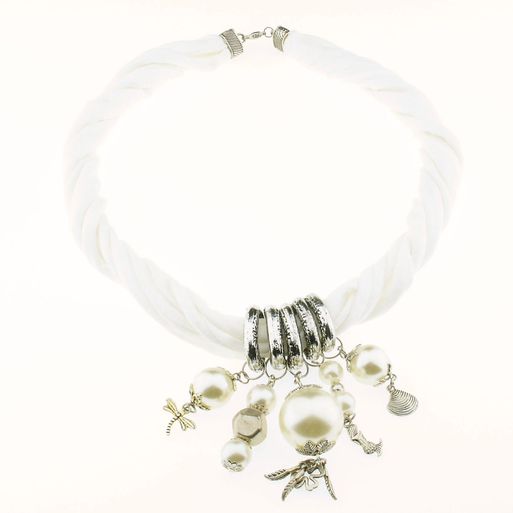 Colier Statement Alb 61 cm Textil Handmade