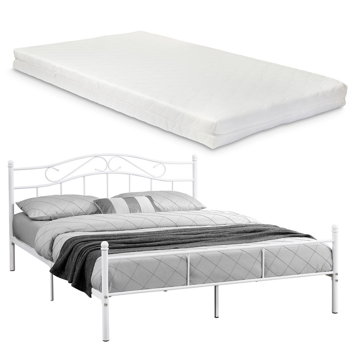 Двойно легло с метална рамка и матрак [en.casa]®, бяло, 200 x 180 см