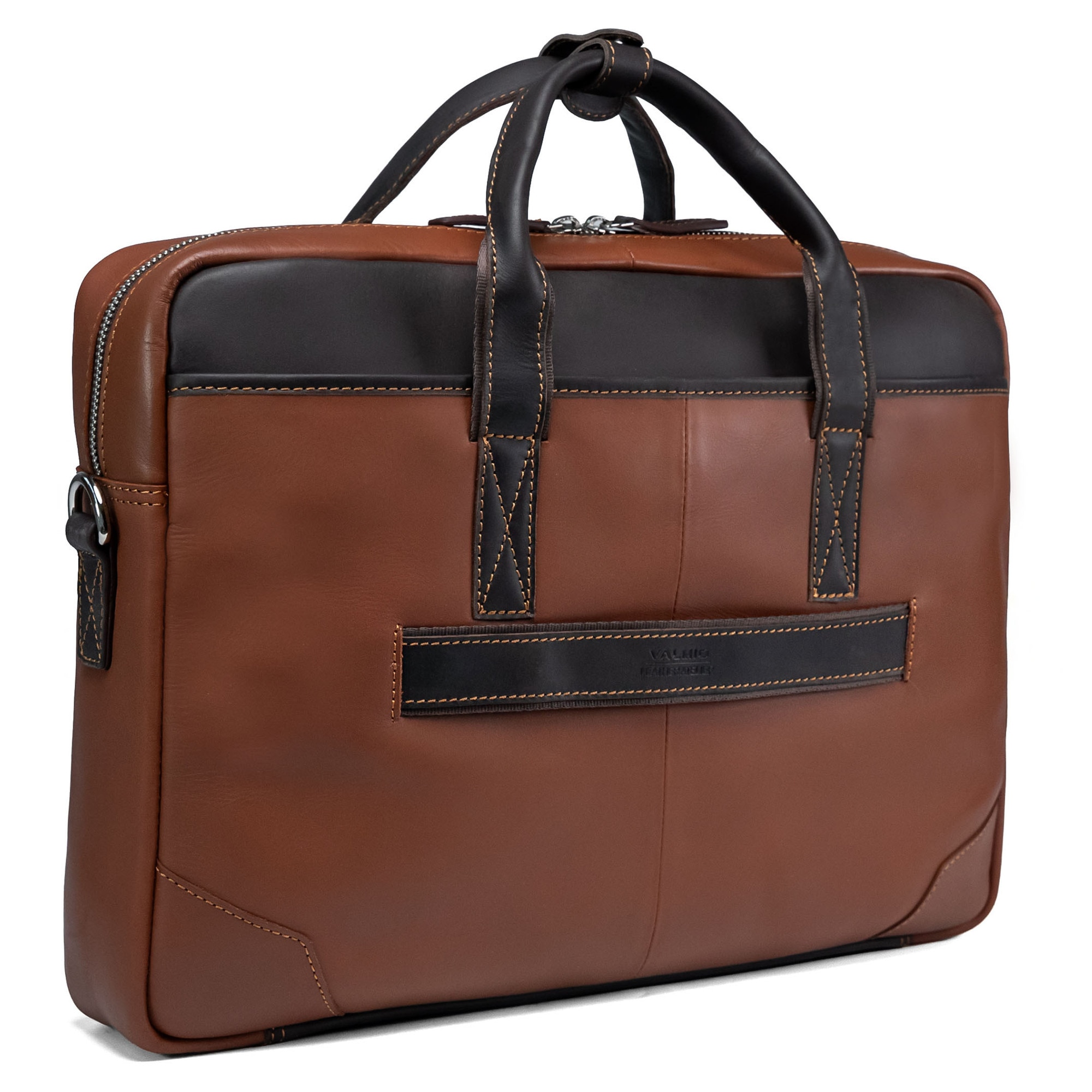 Valmio, Geanta pentru laptop din piele naturala, curea de umar din piele, banda pentru troler, compartiment captusit pentru laptop, Denton 2.1, maro deschis/maro inchis, 38 × 27,5 × 7,5 cm