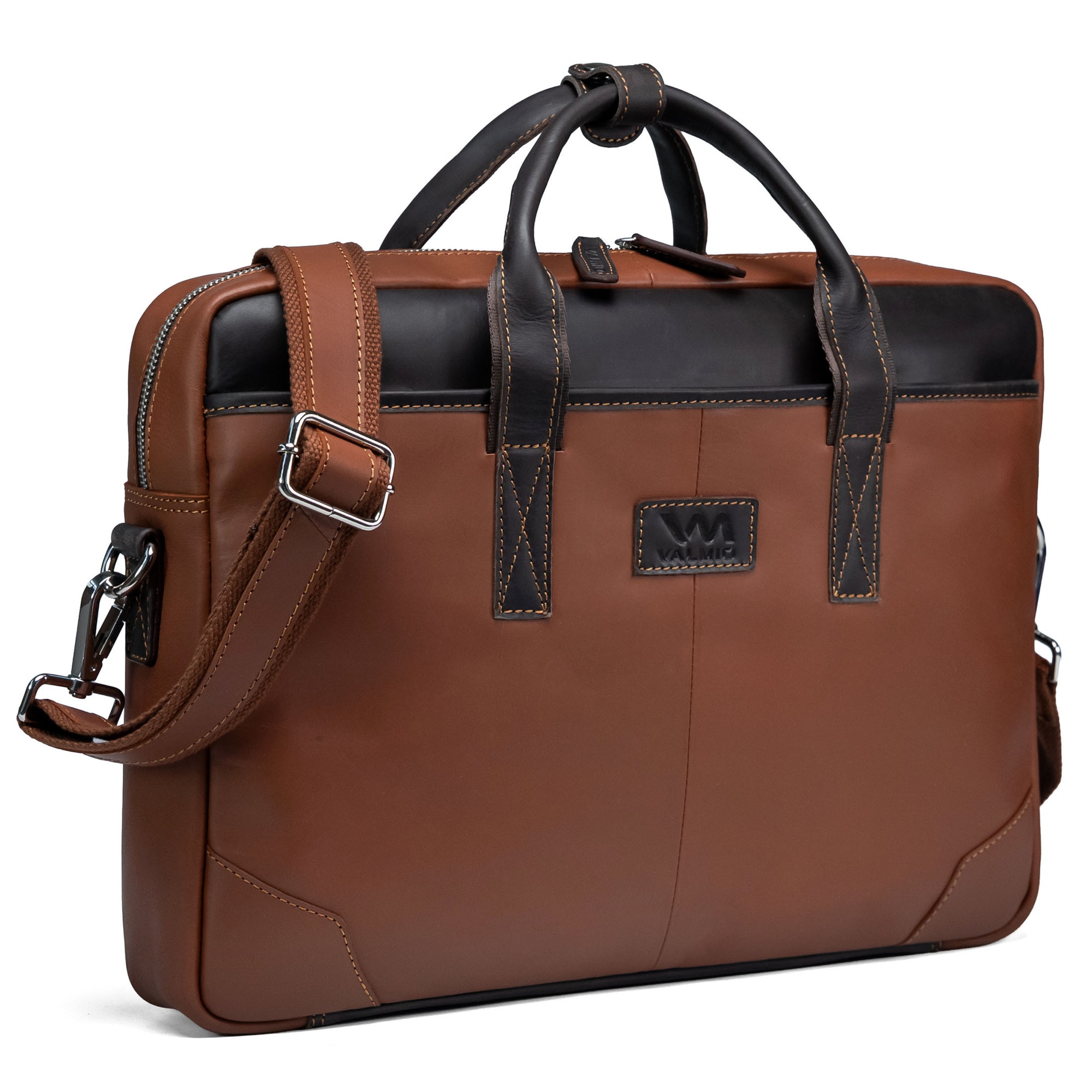 Valmio, Geanta pentru laptop din piele naturala, curea de umar din piele, banda pentru troler, compartiment captusit pentru laptop, Denton 2.1, maro deschis/maro inchis, 38 × 27,5 × 7,5 cm