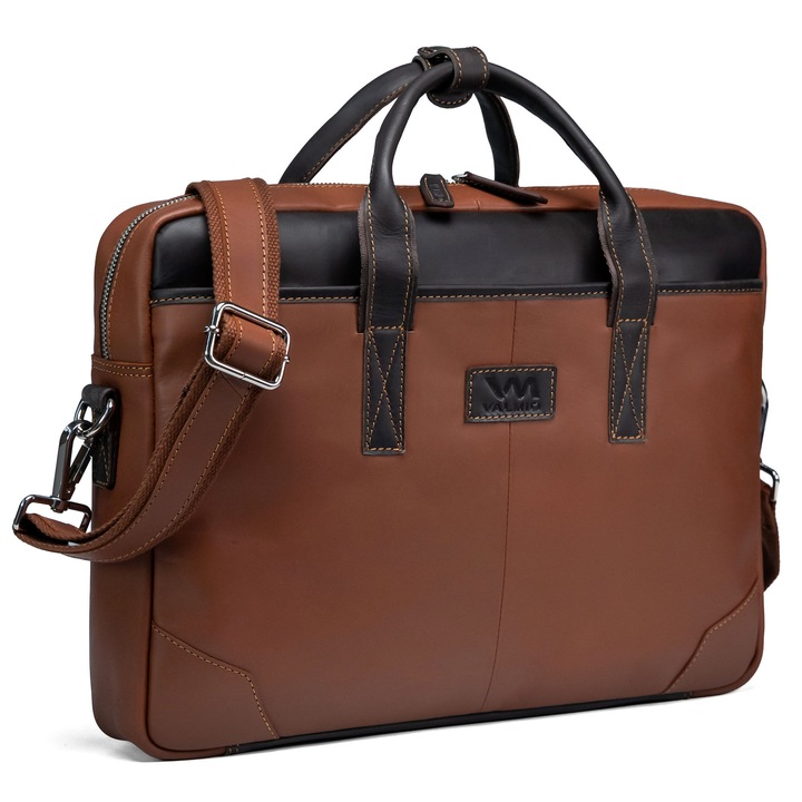 Valmio, Geanta pentru laptop din piele naturala, curea de umar din piele, banda pentru troler, compartiment captusit pentru laptop, Denton 2.1, maro deschis/maro inchis, 38 × 27,5 × 7,5 cm