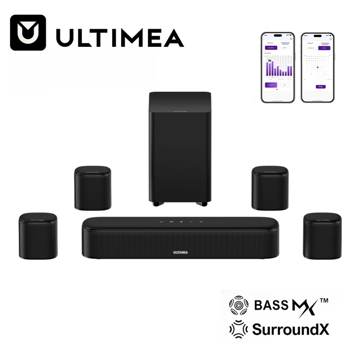 Soundbar Corenia Aura A40 7.1, 330 W, subwoofer wireless si difuzoare spate, Bluetooth 5.3, 4 difuzoare surround, negru, QRE-5008920