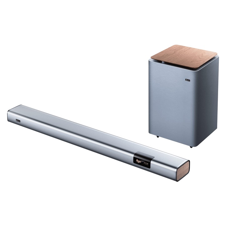 Soundbar Corenia QRE-5009200, cu subwoofer wireless, Bluetooth 5.0, accente lemn, gri, 90 cm