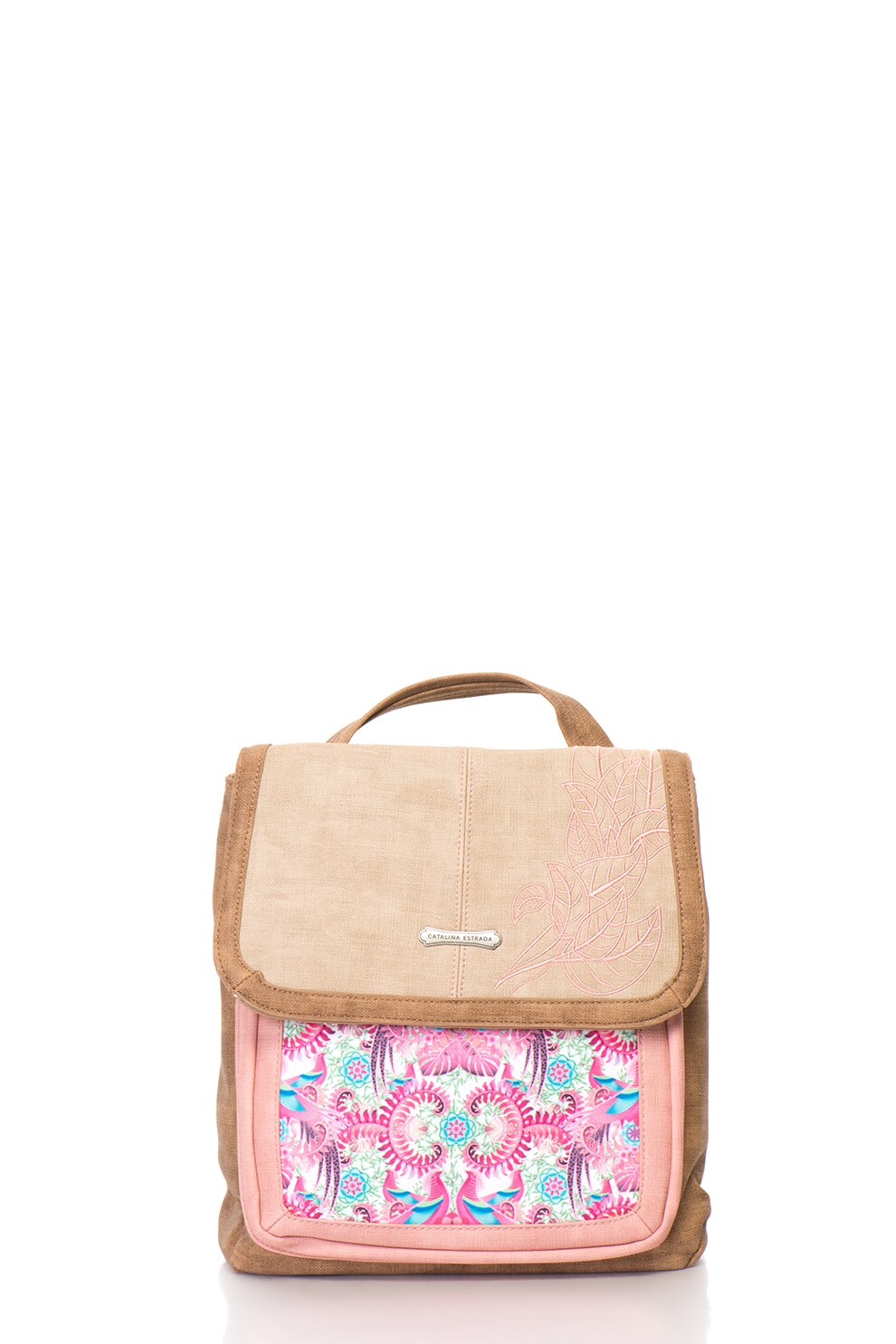 Catalina Estrada, Rucsac de piele sintetica cu model si detalii brodate, Roz/Maro nisip