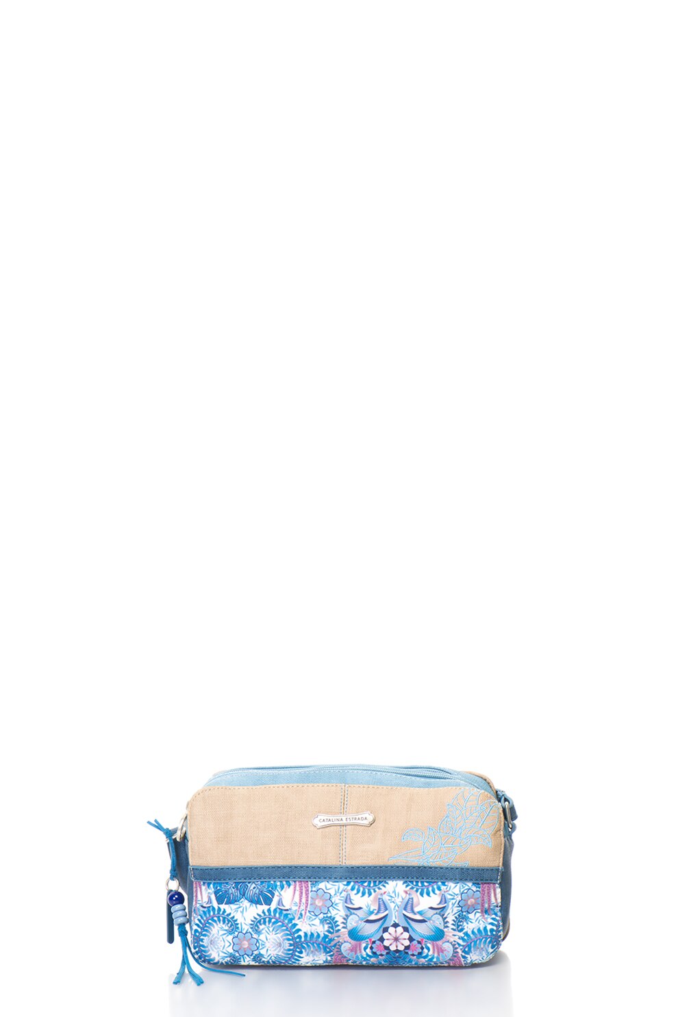 Catalina Estrada, Geanta crossbody cu model tropical, Albastru prafuit/Maro deschis