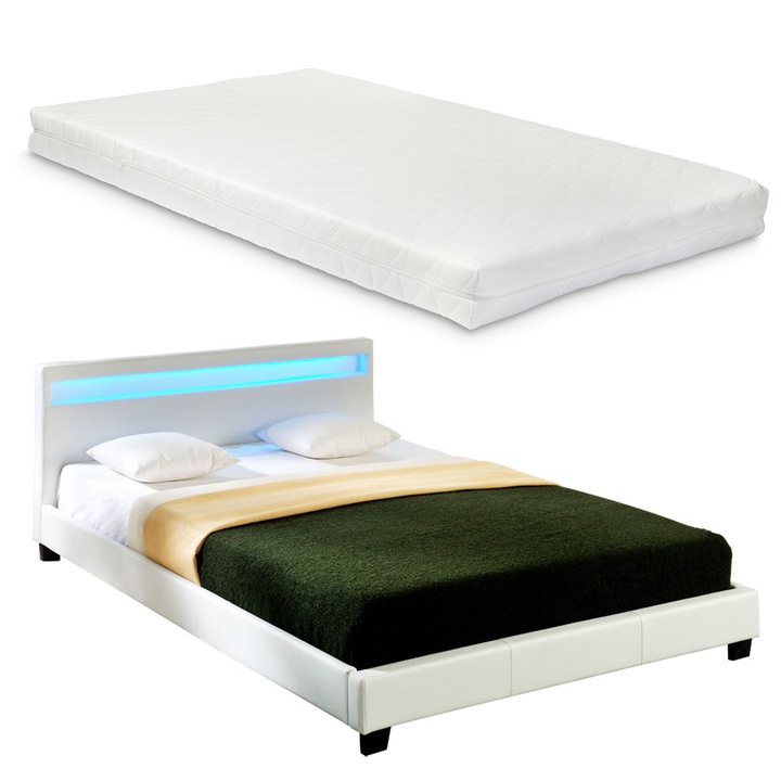 Съвременно тапицирано Corium® с еко кожа двойно легло Paris с матрак и LED осветление -Бяло, 180x200 cm