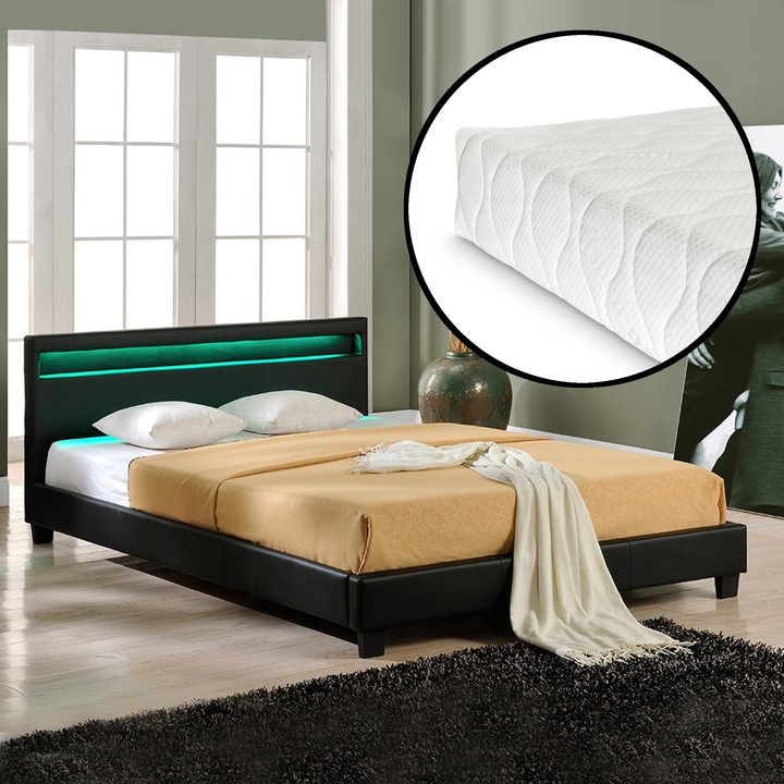 Pat frantuzesc Paris, Corium, tapitat, cu saltea, cu LED, 180 x 200 cm, negru