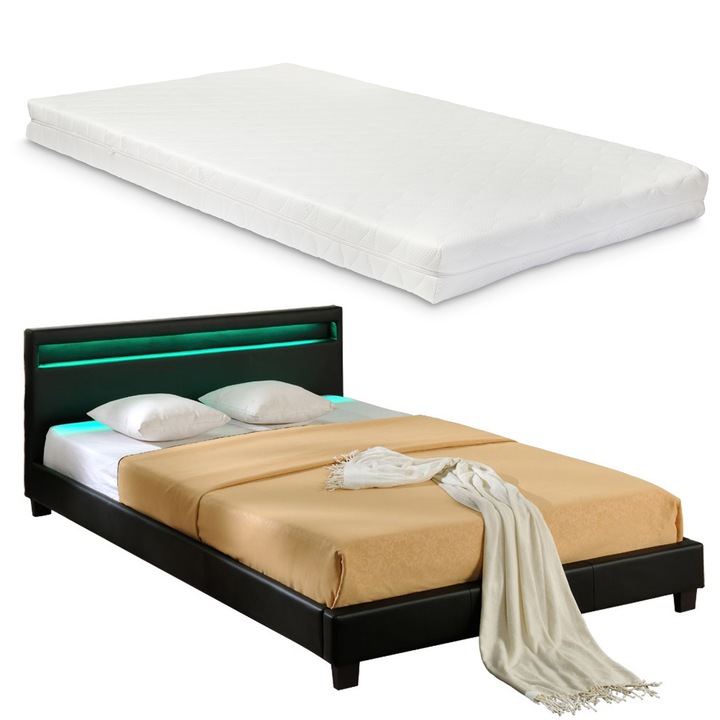 Съвременно тапицирано Corium® с еко кожа двойно легло Paris с матрак и LED осветление -Черно, 180x200 cm