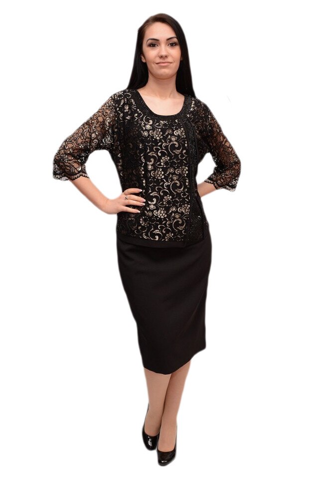 Rochie cu maneca trei-sferturi si dantela fina, pentru ocazii speciale , D&J Exclusive, Negru