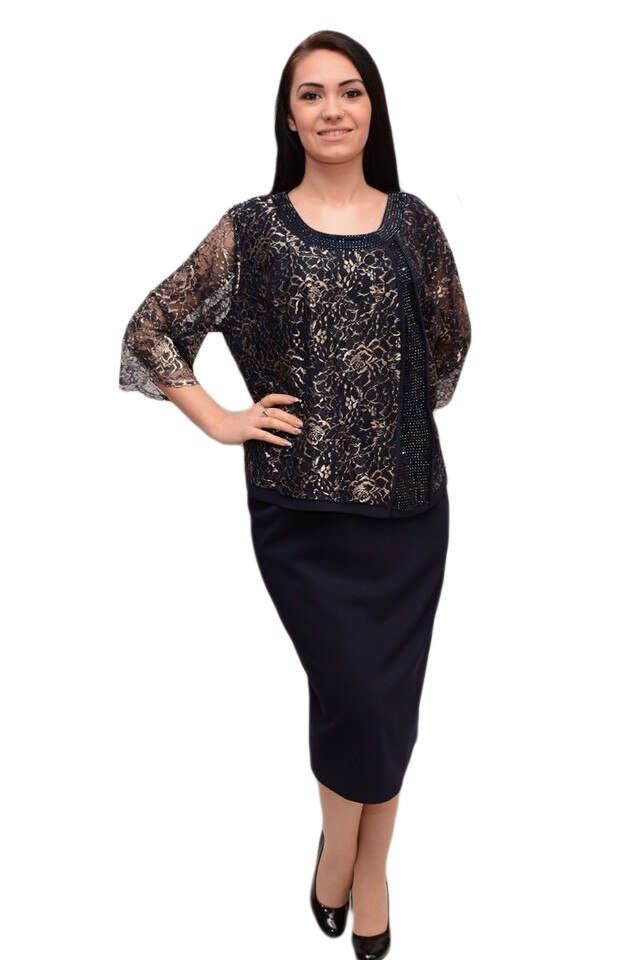 Rochie cu maneca trei-sferturi si dantela fina, pentru ocazii speciale , D&J Exclusive, Albastru marin