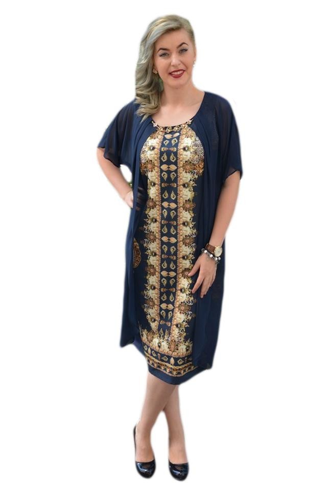 Rochie rafinata de zi, cu imprimeu oriental in fata, D&J Exclusive, Albastru marin