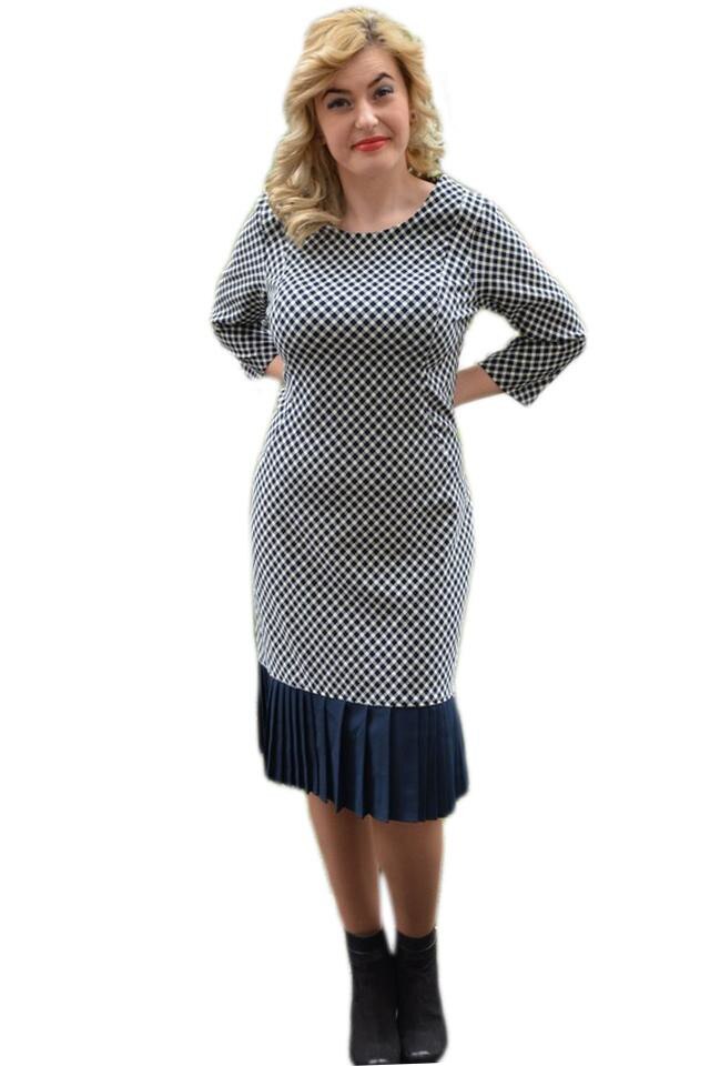 Rochie eleganta cu design de carouri, D&J Exclusive, Bleumarin/Alb