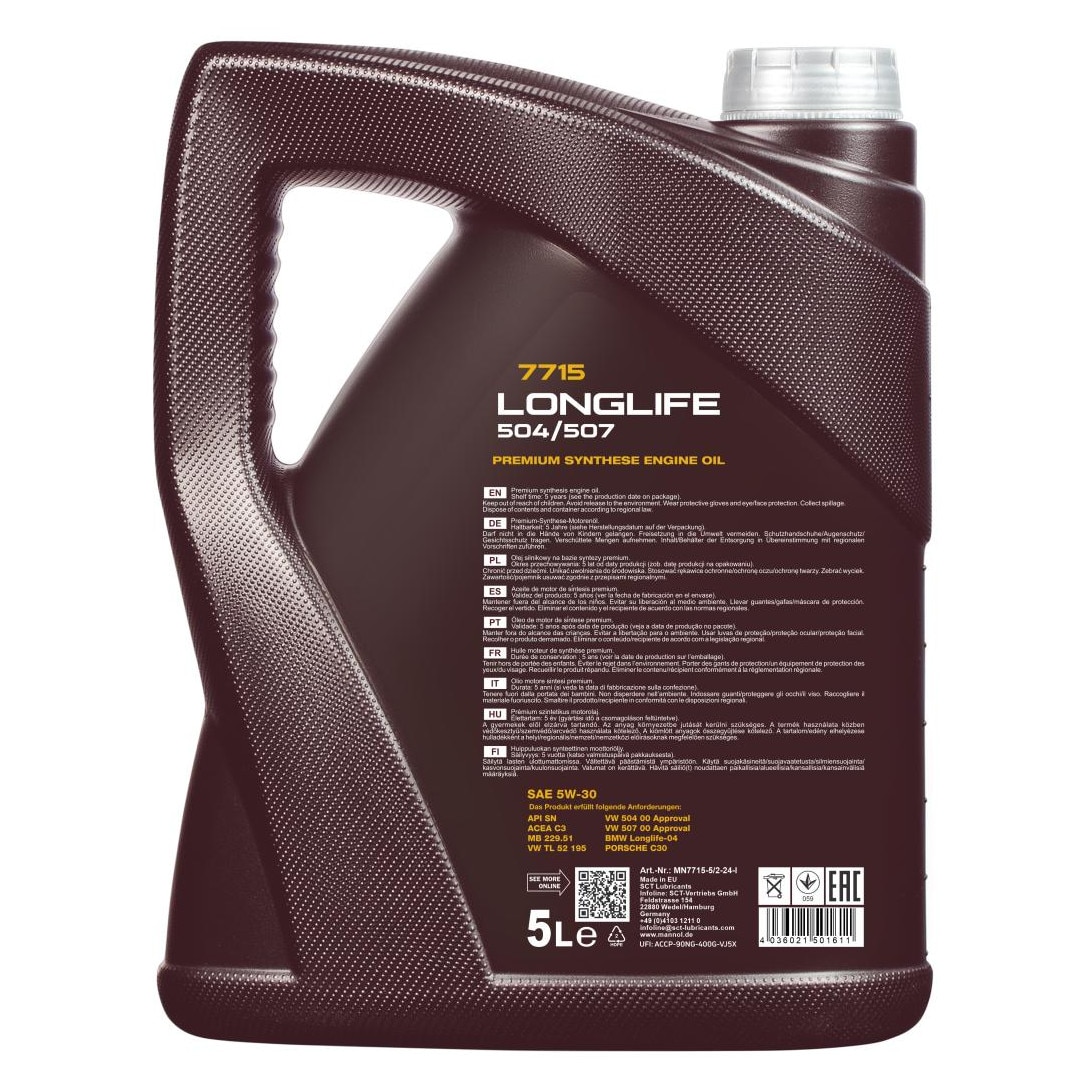 Ulei de motor Mannol Longlife 7715 5W-30, ACEA C3, API SN, VW 504/507 ...