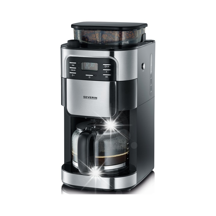 Cafetiera cu filtru Severin KA 4810, 1000 W, rasnita integrata (burr), capacitate 1,25 l, rezervor boabe 200 g, afisaj LED, oprire automata, negru/argintiu
