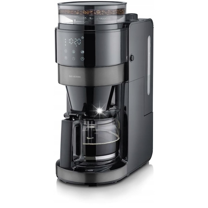 Cafetiera cu filtru Severin KA 4830 S-Taste AromaOne, rasnita integrata conica din otel inoxidabil, timer si display LED tactil, 900 W, carafa sticla 1,25 l, negru/slefuit otel inoxidabil